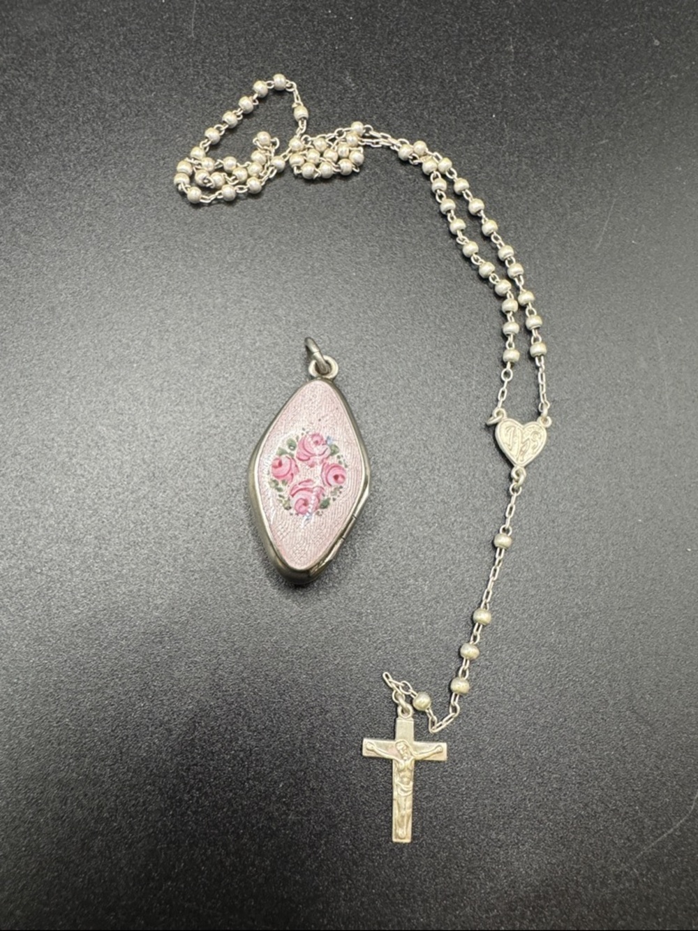 Vintage Pink Floral Enamel Sterling Locket with hidden Sterling Rosary